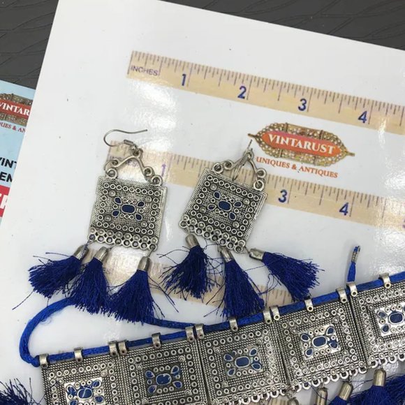 Silver Kuchi Afghan Jewelry Set With Dangling Tassels, Tribal Set - Picture 2 of 4